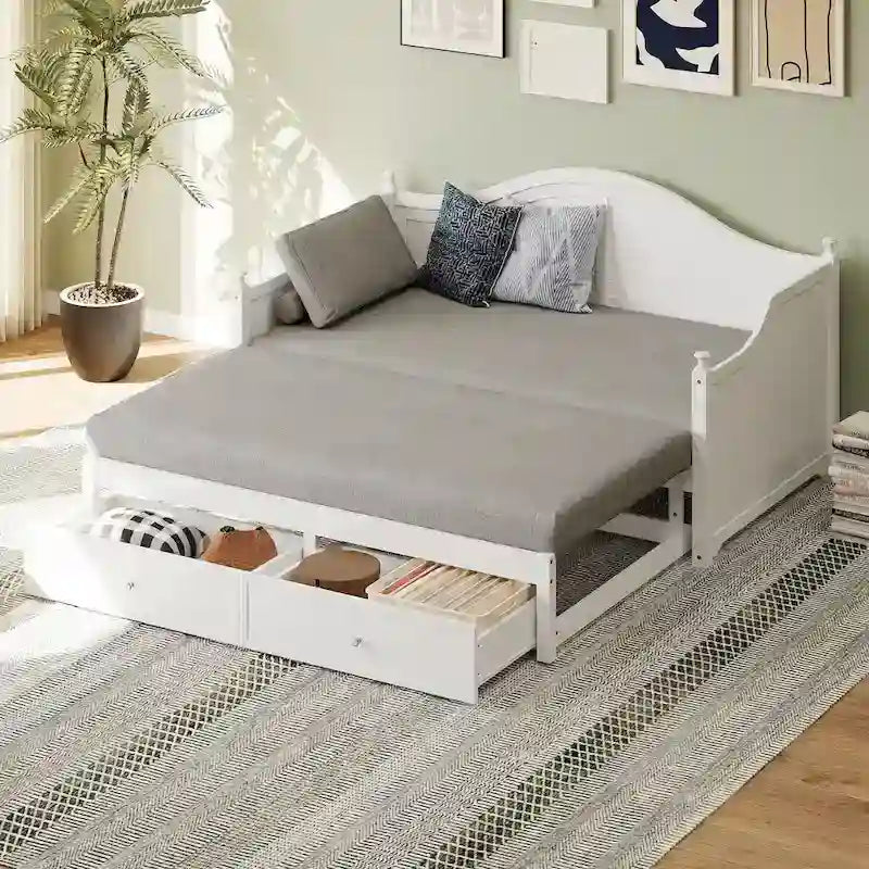 Holz-Tagesbett mit 2 Stauraumschubladen, Twin-Size-Plattformbett mit Stauraum - ausziehbares Tagesbett in Twin-Size mit ausklappbarem Gästebett, Schlafsofa