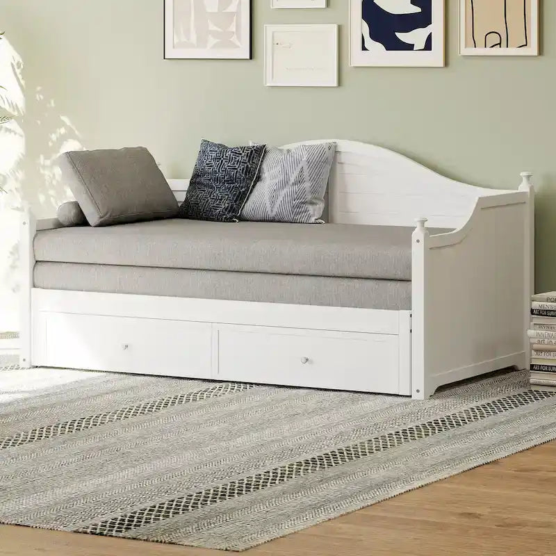 Holz-Tagesbett mit 2 Stauraumschubladen, Twin-Size-Plattformbett mit Stauraum - ausziehbares Tagesbett in Twin-Size mit ausklappbarem Gästebett, Schlafsofa