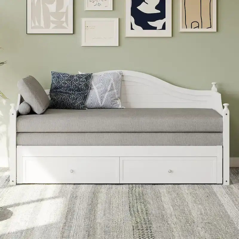Holz-Tagesbett mit 2 Stauraumschubladen, Twin-Size-Plattformbett mit Stauraum - ausziehbares Tagesbett in Twin-Size mit ausklappbarem Gästebett, Schlafsofa