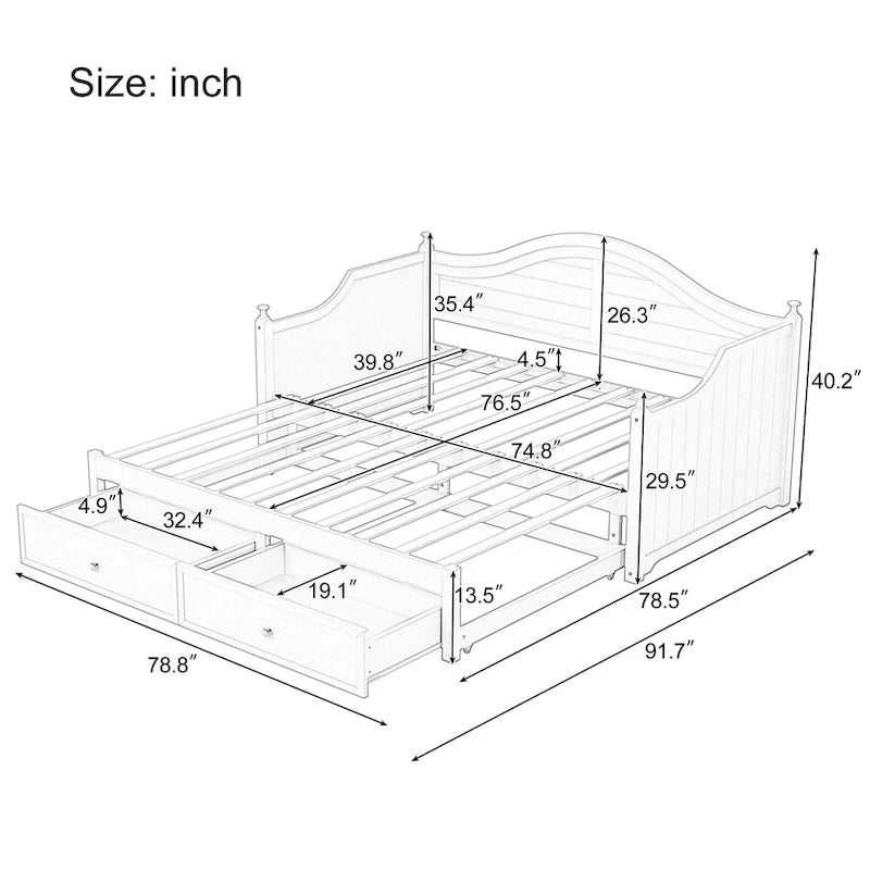 Holz-Tagesbett mit 2 Stauraumschubladen, Twin-Size-Plattformbett mit Stauraum - ausziehbares Tagesbett in Twin-Size mit ausklappbarem Gästebett, Schlafsofa