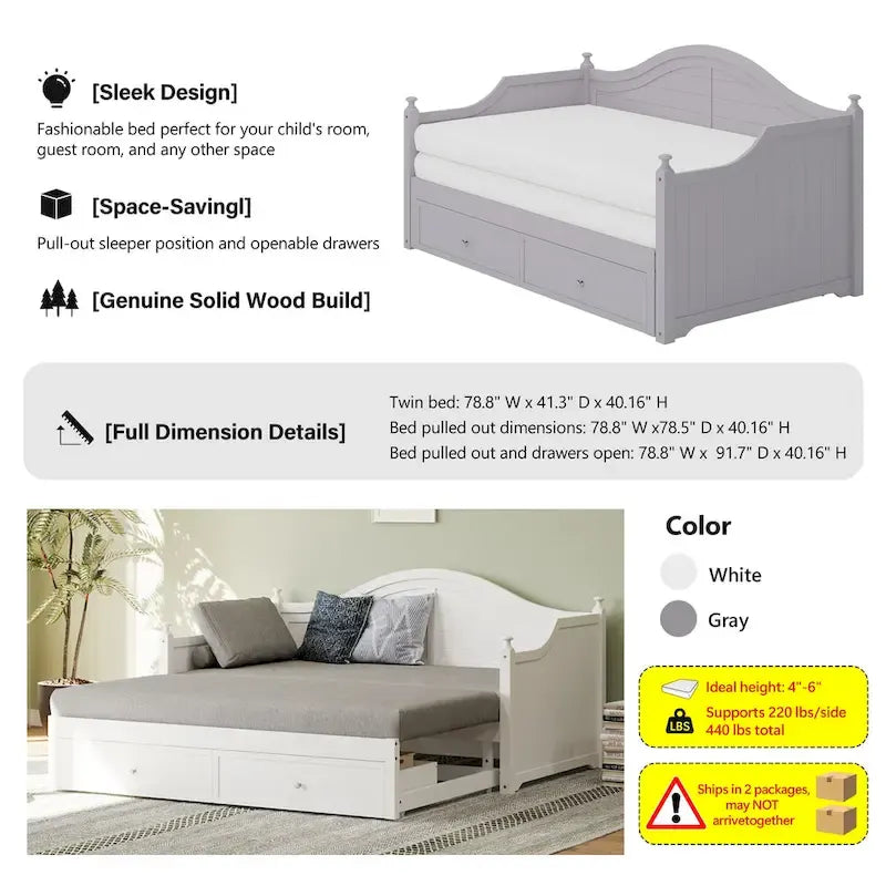 Holz-Tagesbett mit 2 Stauraumschubladen, Twin-Size-Plattformbett mit Stauraum - ausziehbares Tagesbett in Twin-Size mit ausklappbarem Gästebett, Schlafsofa