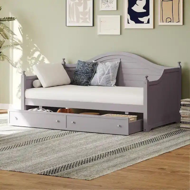 Holz-Tagesbett mit 2 Stauraumschubladen, Twin-Size-Plattformbett mit Stauraum - ausziehbares Tagesbett in Twin-Size mit ausklappbarem Gästebett, Schlafsofa