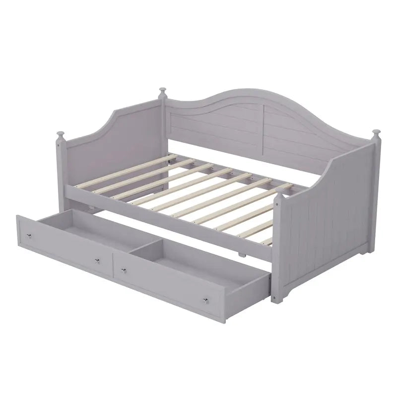 Holz-Tagesbett mit 2 Stauraumschubladen, Twin-Size-Plattformbett mit Stauraum - ausziehbares Tagesbett in Twin-Size mit ausklappbarem Gästebett, Schlafsofa