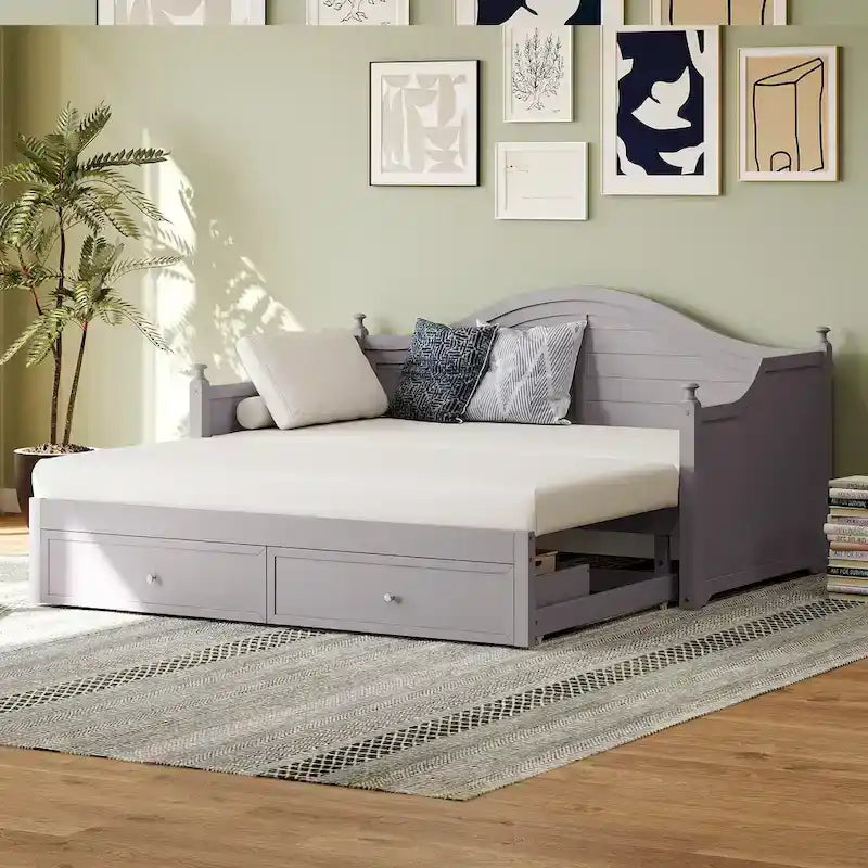 Holz-Tagesbett mit 2 Stauraumschubladen, Twin-Size-Plattformbett mit Stauraum - ausziehbares Tagesbett in Twin-Size mit ausklappbarem Gästebett, Schlafsofa