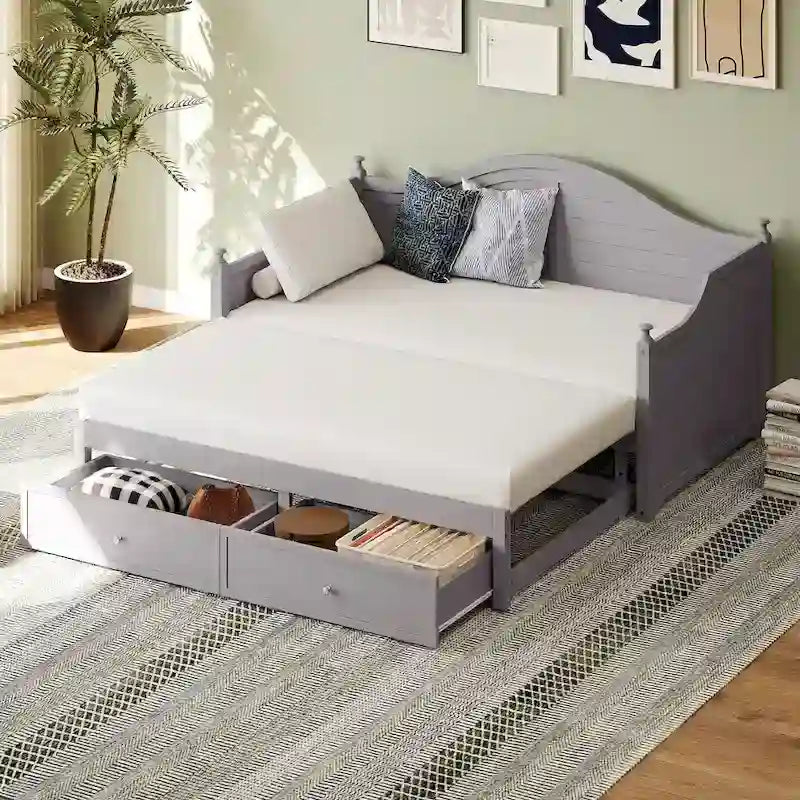 Holz-Tagesbett mit 2 Stauraumschubladen, Twin-Size-Plattformbett mit Stauraum - ausziehbares Tagesbett in Twin-Size mit ausklappbarem Gästebett, Schlafsofa