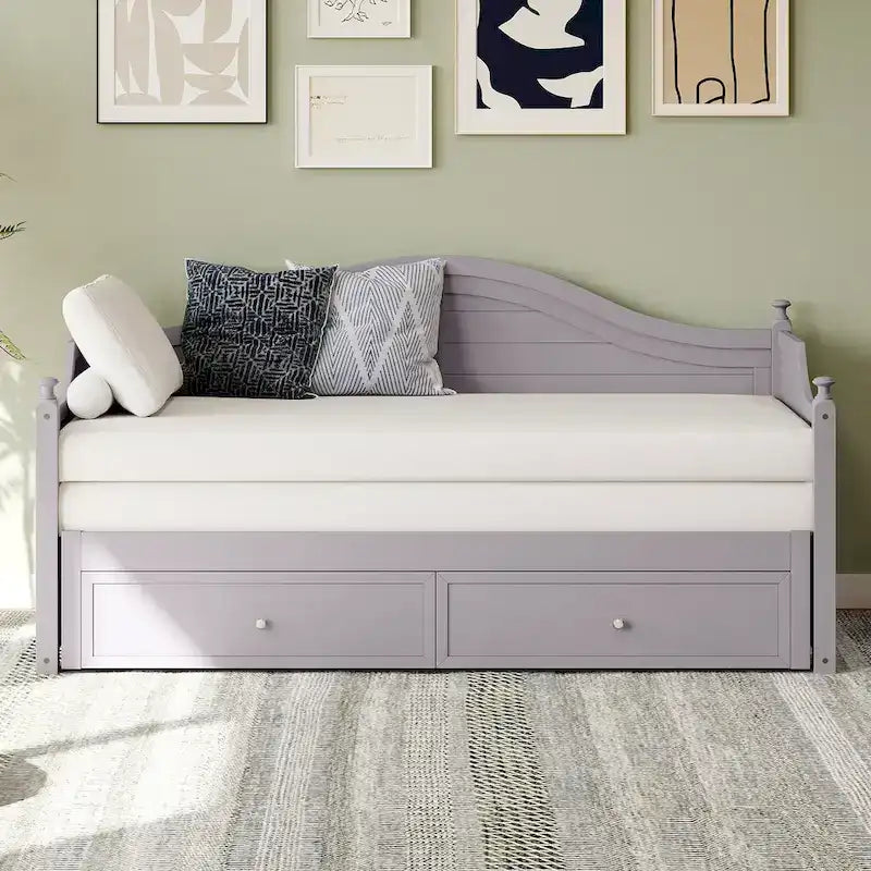 Holz-Tagesbett mit 2 Stauraumschubladen, Twin-Size-Plattformbett mit Stauraum - ausziehbares Tagesbett in Twin-Size mit ausklappbarem Gästebett, Schlafsofa
