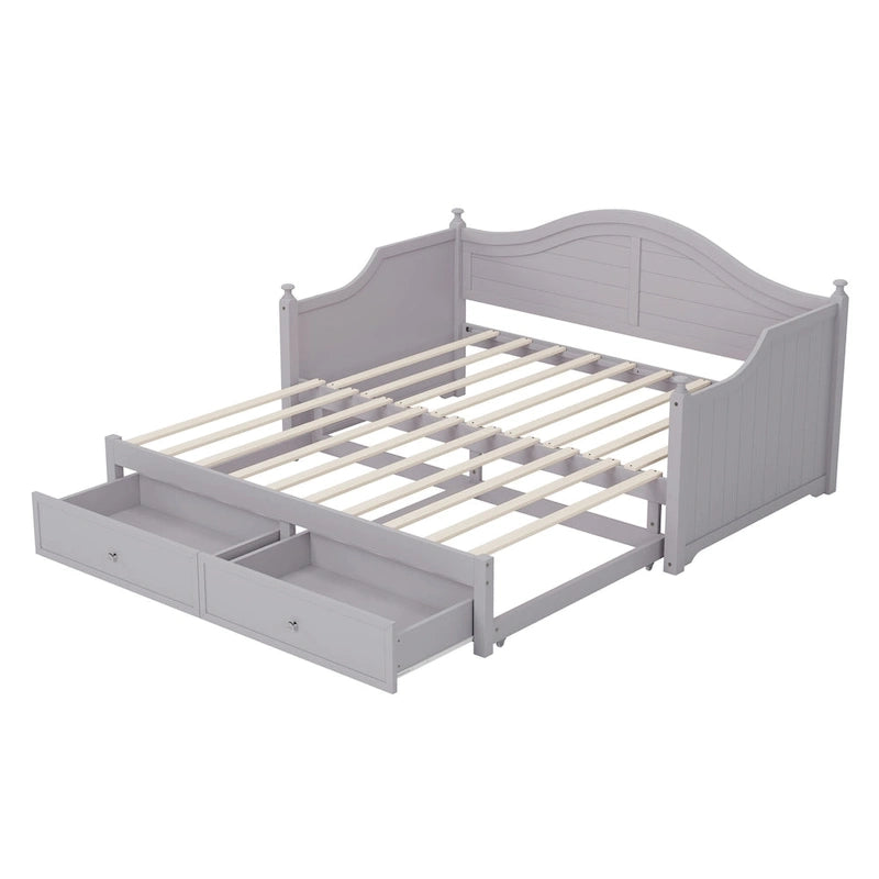 Holz-Tagesbett mit 2 Stauraumschubladen, Twin-Size-Plattformbett mit Stauraum - ausziehbares Tagesbett in Twin-Size mit ausklappbarem Gästebett, Schlafsofa