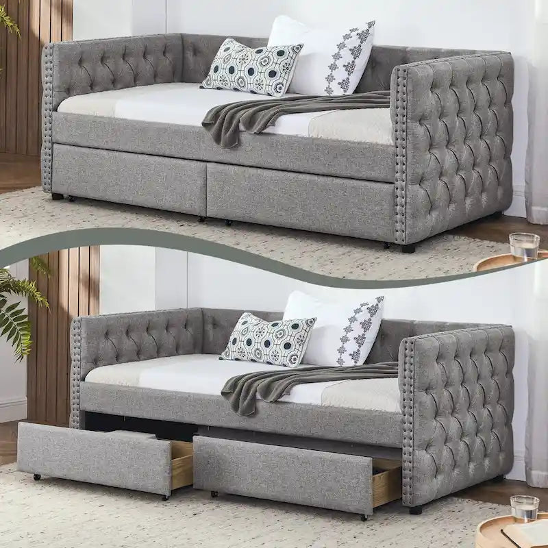 Linen Upholstered Mid-century Modern Twin Size Copper Nail Daybed Sofa with Two Drawers
