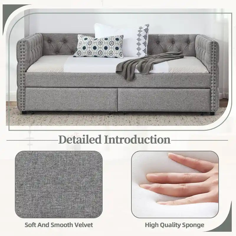 Modernes Mid-Century-Tagesbettsofa in Twin-Größe mit Leinenbezug und Kupfernägeln, zwei Schubladen