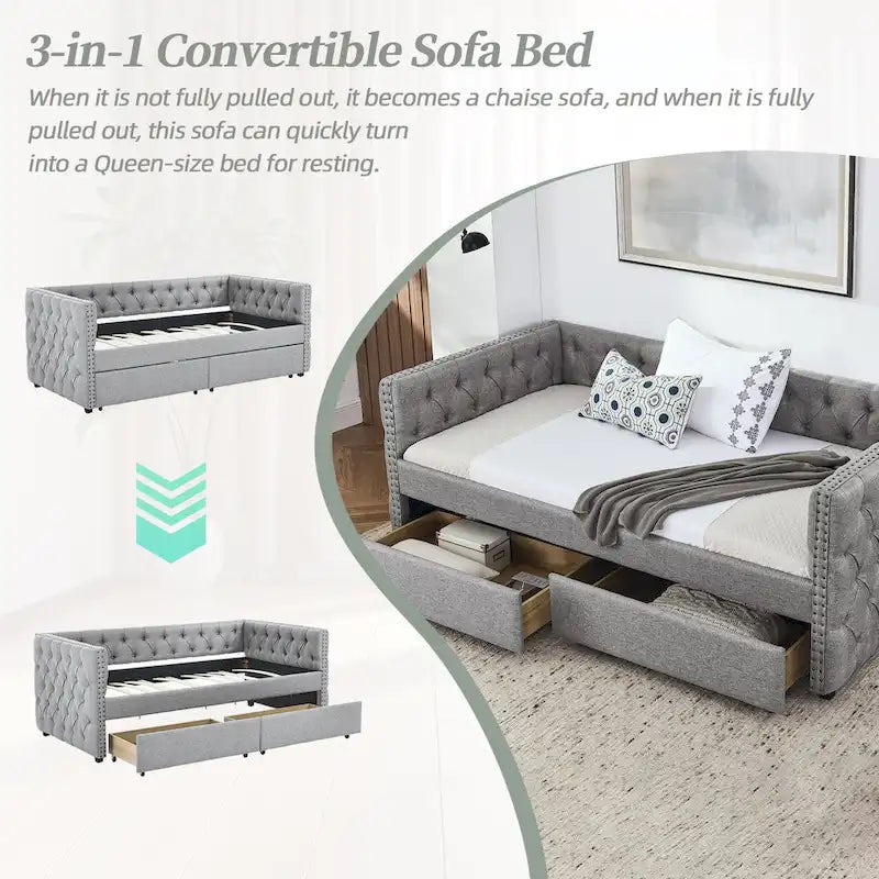 Modernes Mid-Century-Tagesbettsofa in Twin-Größe mit Leinenbezug und Kupfernägeln, zwei Schubladen