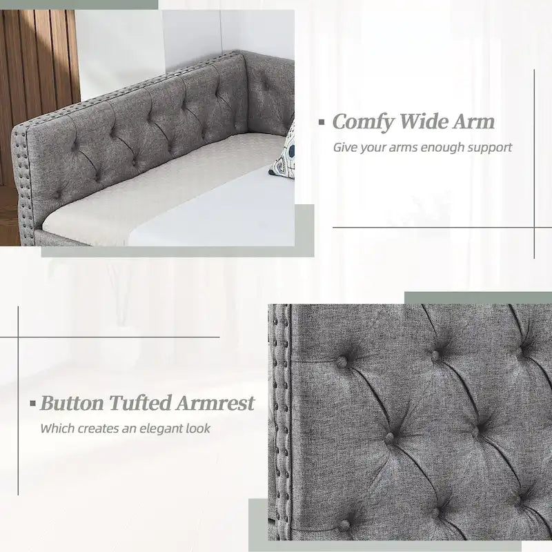 Modernes Mid-Century-Tagesbettsofa in Twin-Größe mit Leinenbezug und Kupfernägeln, zwei Schubladen