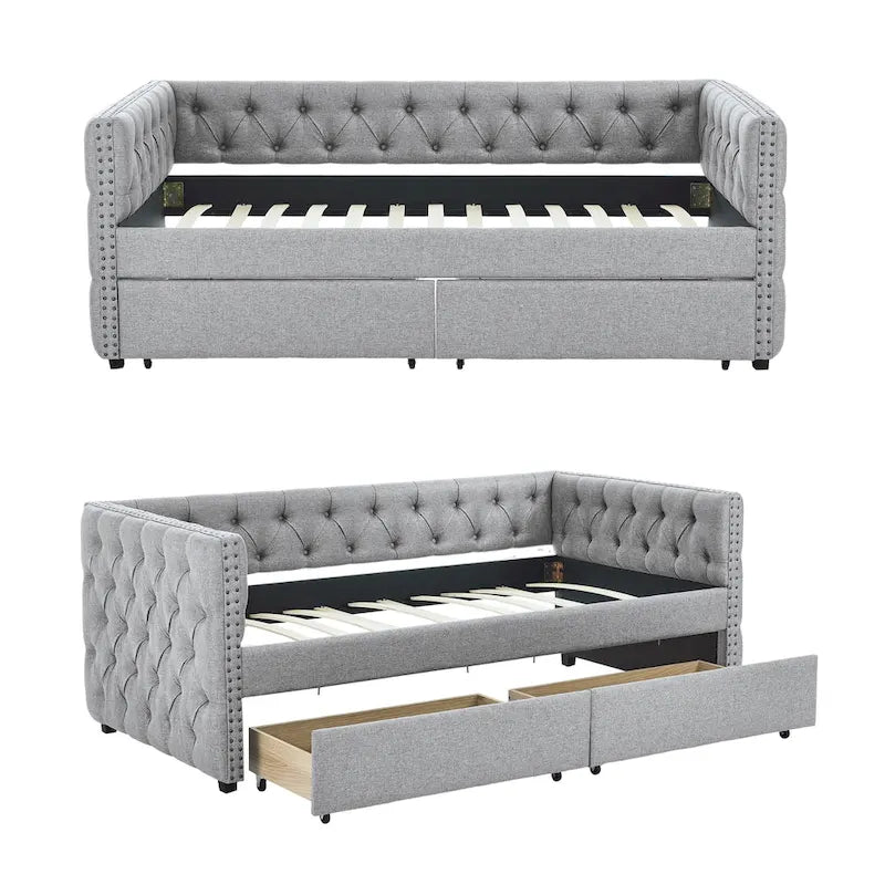 Modernes Mid-Century-Tagesbettsofa in Twin-Größe mit Leinenbezug und Kupfernägeln, zwei Schubladen