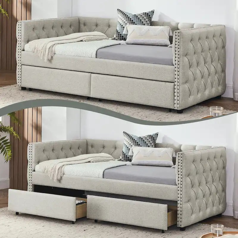 Modernes Mid-Century-Tagesbettsofa in Twin-Größe mit Leinenbezug und Kupfernägeln, zwei Schubladen