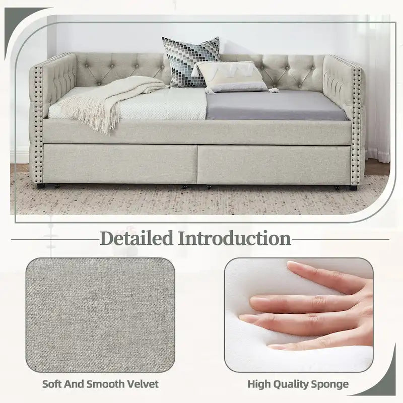 Modernes Mid-Century-Tagesbettsofa in Twin-Größe mit Leinenbezug und Kupfernägeln, zwei Schubladen