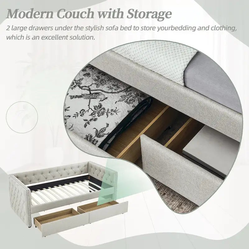 Modernes Mid-Century-Tagesbettsofa in Twin-Größe mit Leinenbezug und Kupfernägeln, zwei Schubladen