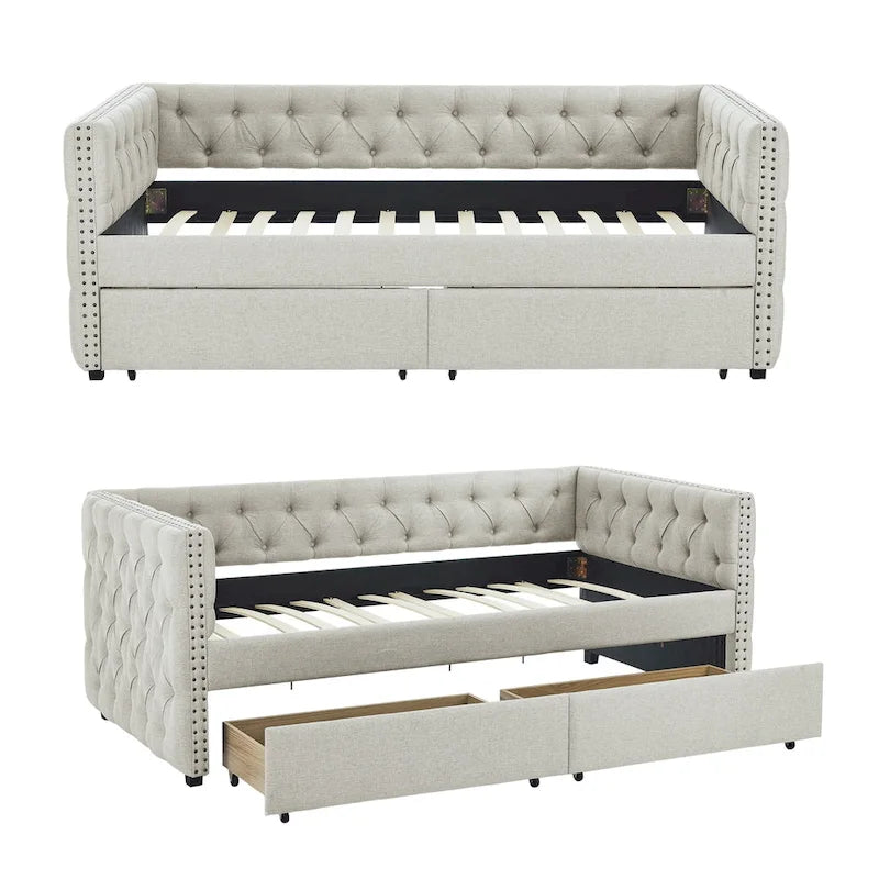 Modernes Mid-Century-Tagesbettsofa in Twin-Größe mit Leinenbezug und Kupfernägeln, zwei Schubladen
