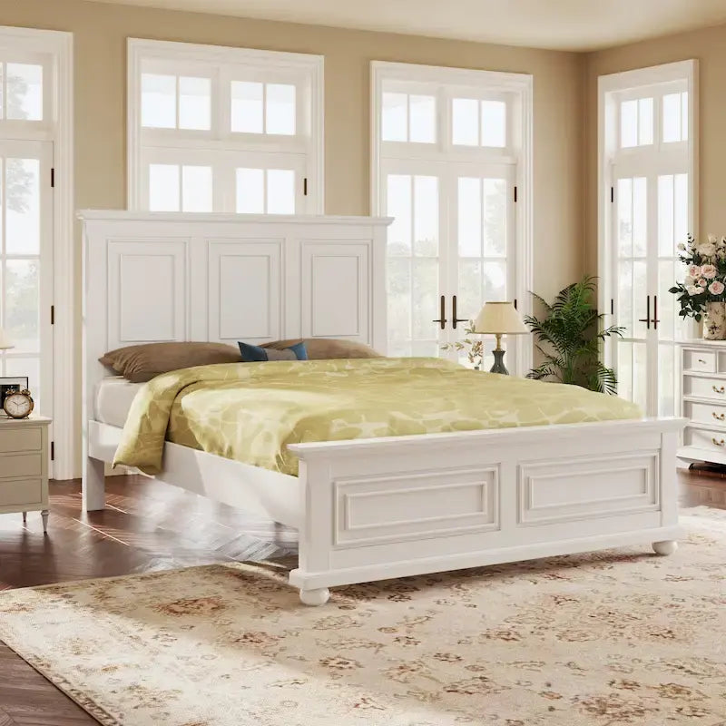White King Size Traditional Style Pinewood Platform Bed with Wooden Slats Support for Bedroom