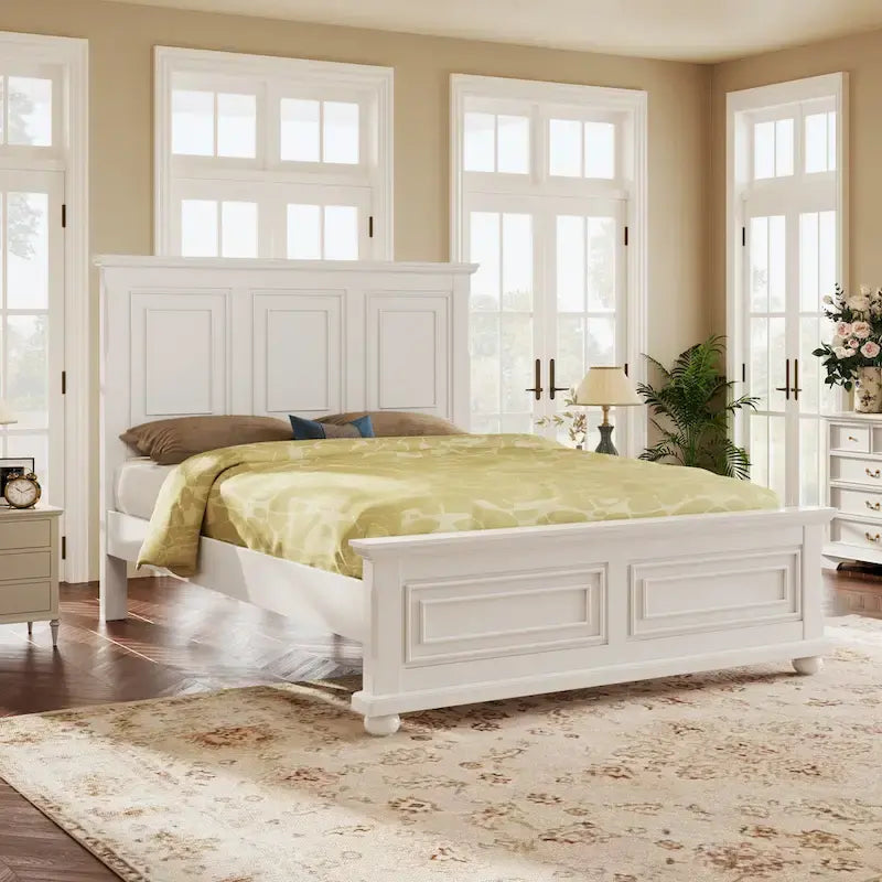 White King Size Traditional Style Pinewood Platform Bed with Wooden Slats Support for Bedroom