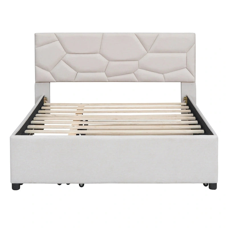 Lit plateforme beige full size en lin avec tête de lit à motif de briques, lit gigogne et tiroirs de rangement