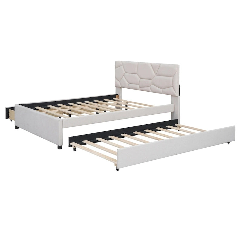 Lit plateforme beige full size en lin avec tête de lit à motif de briques, lit gigogne et tiroirs de rangement