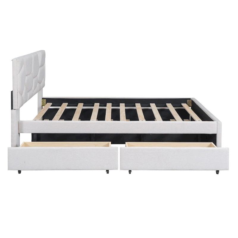 Lit plateforme beige full size en lin avec tête de lit à motif de briques, lit gigogne et tiroirs de rangement