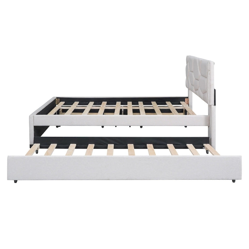 Lit plateforme beige full size en lin avec tête de lit à motif de briques, lit gigogne et tiroirs de rangement