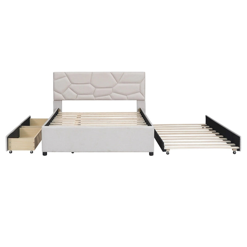 Lit plateforme beige full size en lin avec tête de lit à motif de briques, lit gigogne et tiroirs de rangement