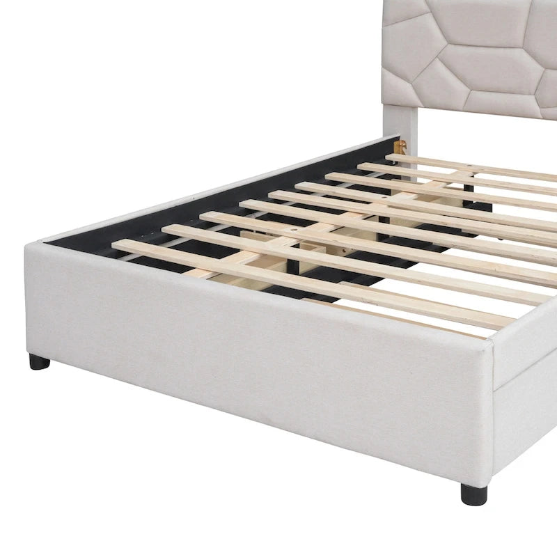 Lit plateforme beige full size en lin avec tête de lit à motif de briques, lit gigogne et tiroirs de rangement
