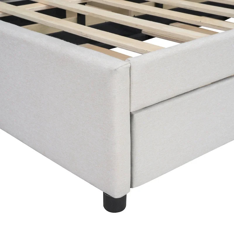 Lit plateforme beige full size en lin avec tête de lit à motif de briques, lit gigogne et tiroirs de rangement