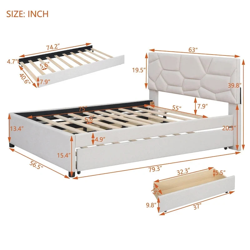 Lit plateforme beige full size en lin avec tête de lit à motif de briques, lit gigogne et tiroirs de rangement