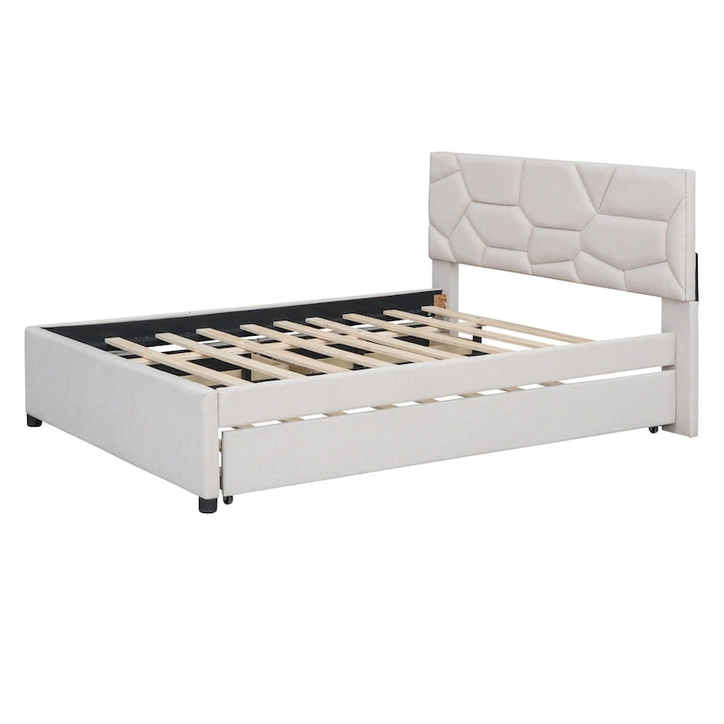 Lit plateforme beige full size en lin avec tête de lit à motif de briques, lit gigogne et tiroirs de rangement