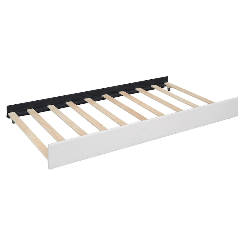 Lit plateforme beige full size en lin avec tête de lit à motif de briques, lit gigogne et tiroirs de rangement