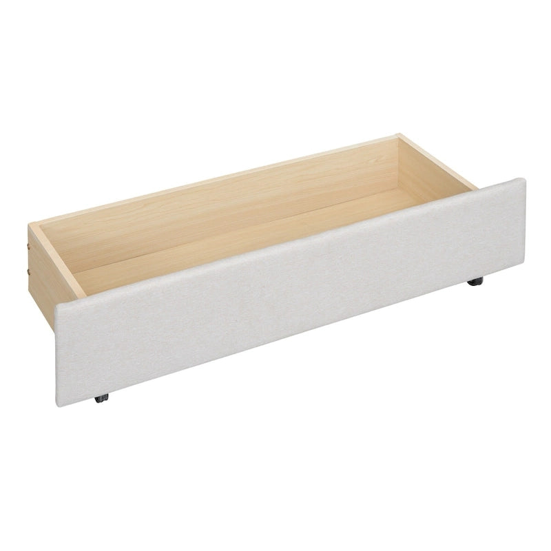 Lit plateforme beige full size en lin avec tête de lit à motif de briques, lit gigogne et tiroirs de rangement