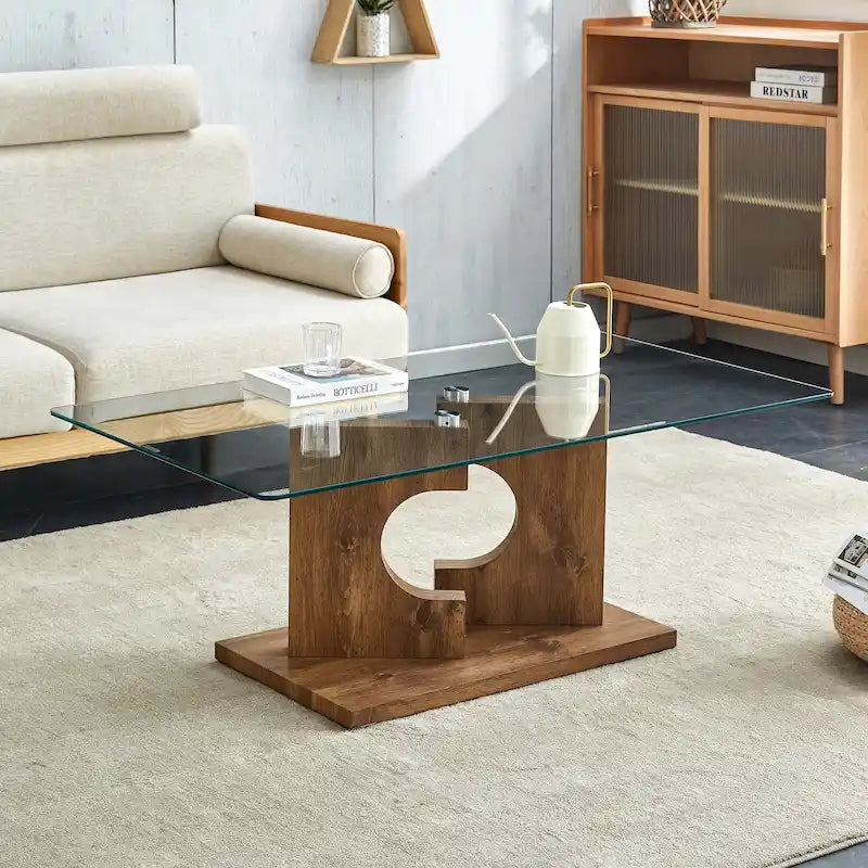 47.2 moderner rechteckiger Couchtisch mit Tischplatte aus gehärtetem Glas und MDF-Beinen