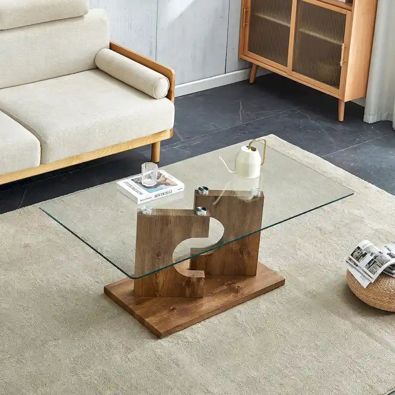 47.2 moderner rechteckiger Couchtisch mit Tischplatte aus gehärtetem Glas und MDF-Beinen