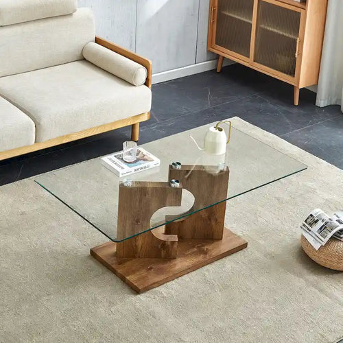 47.2 moderner rechteckiger Couchtisch mit Tischplatte aus gehärtetem Glas und MDF-Beinen