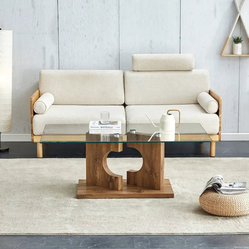 47.2 moderner rechteckiger Couchtisch mit Tischplatte aus gehärtetem Glas und MDF-Beinen