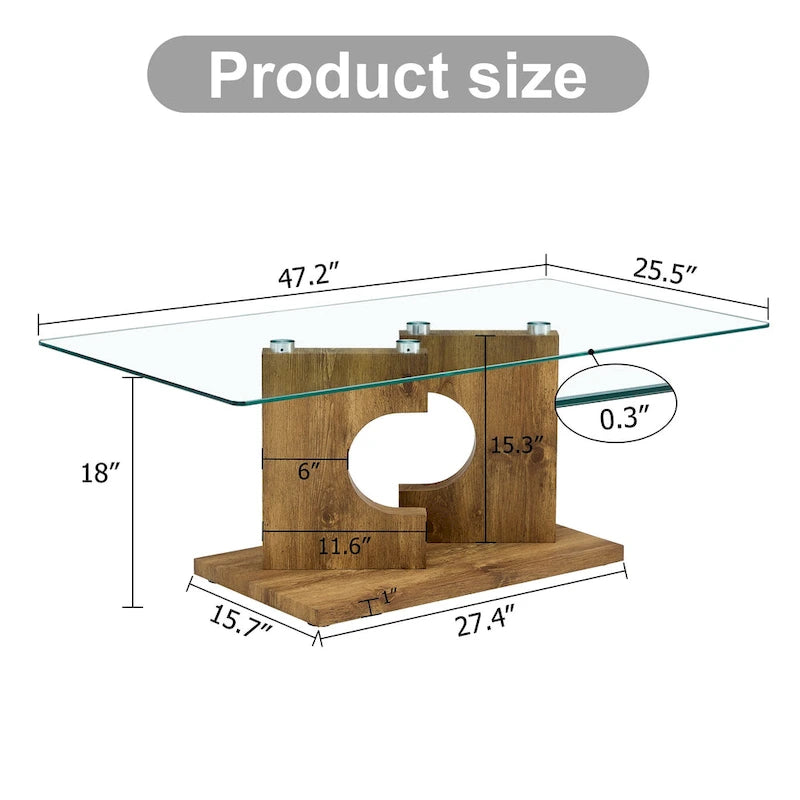 47.2 moderner rechteckiger Couchtisch mit Tischplatte aus gehärtetem Glas und MDF-Beinen