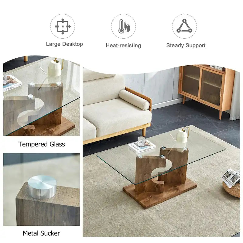 47.2 moderner rechteckiger Couchtisch mit Tischplatte aus gehärtetem Glas und MDF-Beinen