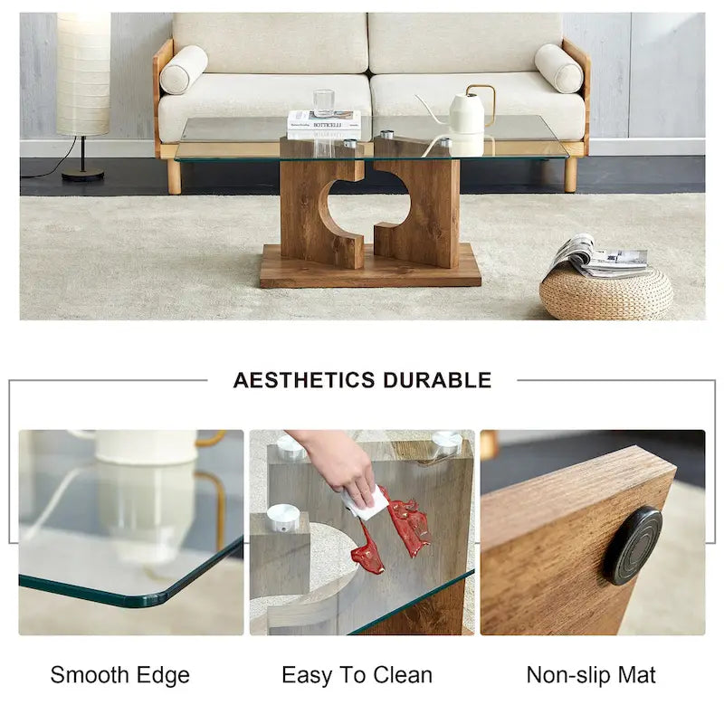 47.2 moderner rechteckiger Couchtisch mit Tischplatte aus gehärtetem Glas und MDF-Beinen