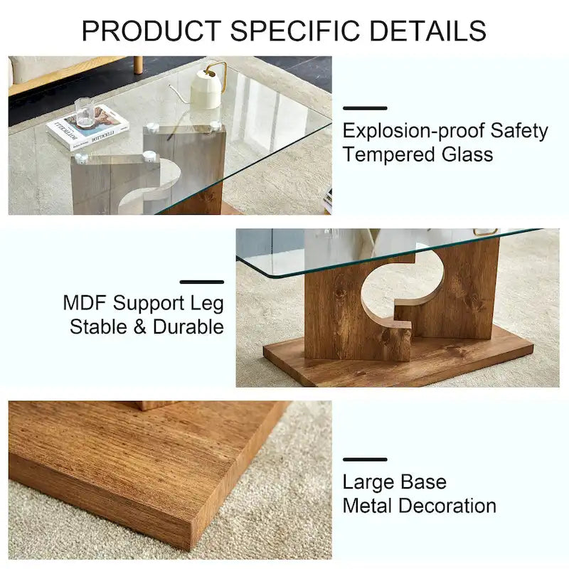 47.2 moderner rechteckiger Couchtisch mit Tischplatte aus gehärtetem Glas und MDF-Beinen