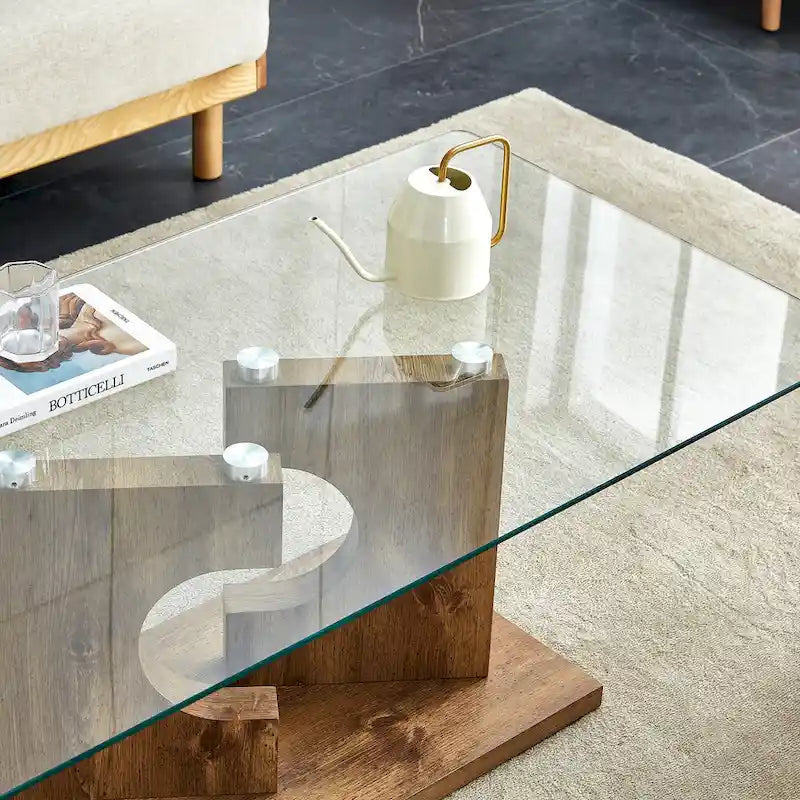 47.2 moderner rechteckiger Couchtisch mit Tischplatte aus gehärtetem Glas und MDF-Beinen