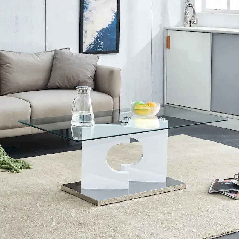 47.2 moderner rechteckiger Couchtisch mit Tischplatte aus gehärtetem Glas und MDF-Beinen