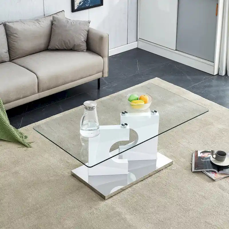 47.2 moderner rechteckiger Couchtisch mit Tischplatte aus gehärtetem Glas und MDF-Beinen