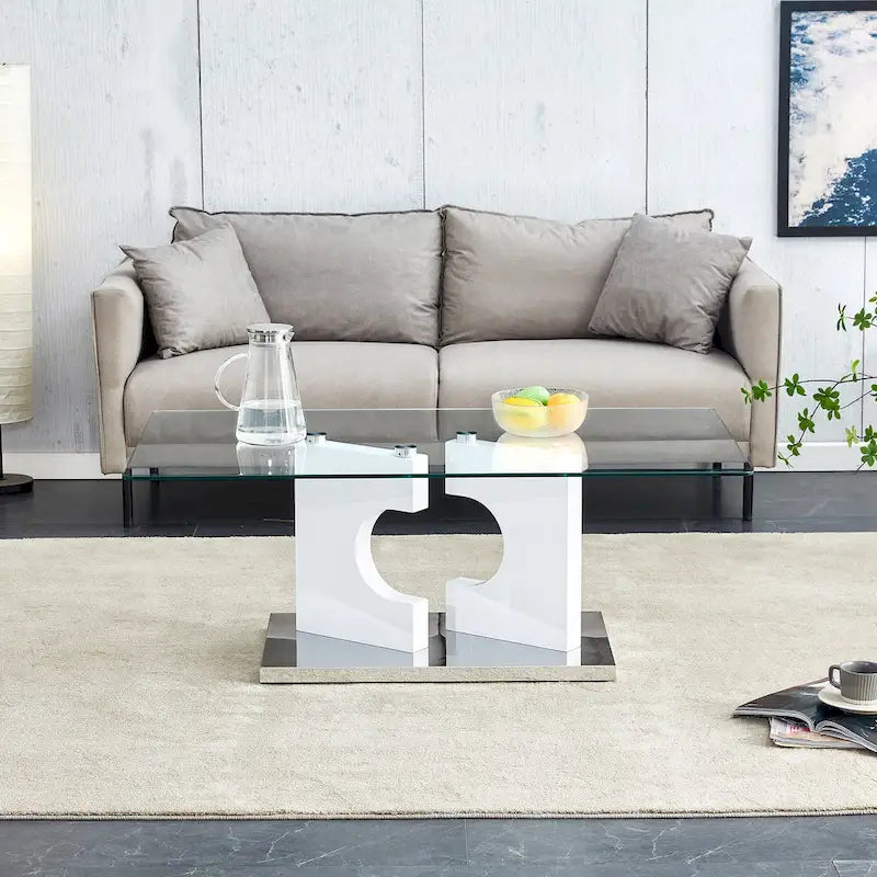 47.2 moderner rechteckiger Couchtisch mit Tischplatte aus gehärtetem Glas und MDF-Beinen