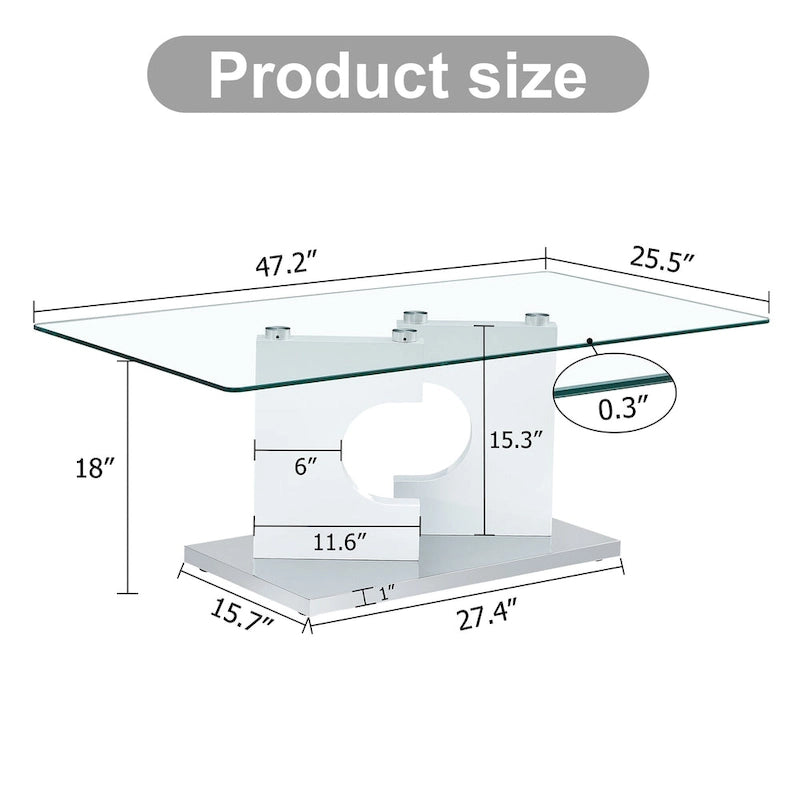 47.2 moderner rechteckiger Couchtisch mit Tischplatte aus gehärtetem Glas und MDF-Beinen
