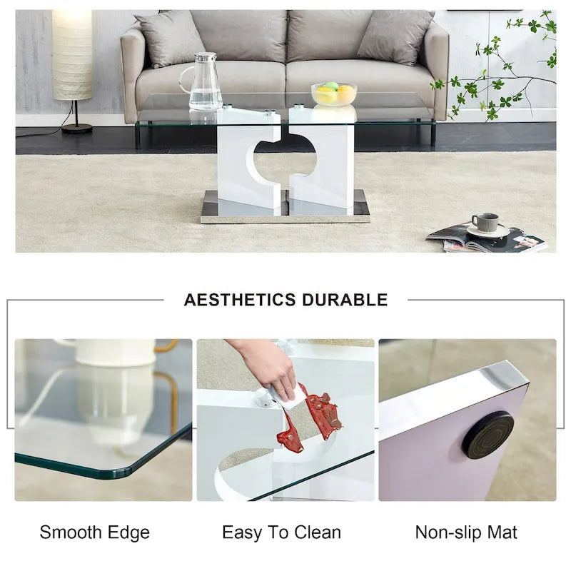 47.2 moderner rechteckiger Couchtisch mit Tischplatte aus gehärtetem Glas und MDF-Beinen