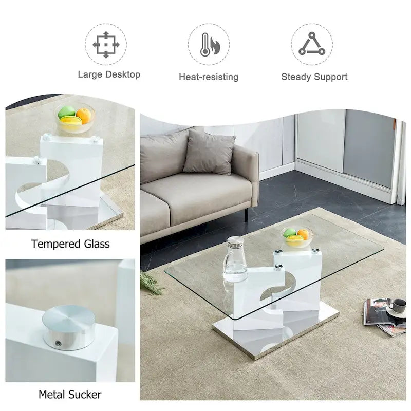 47.2 moderner rechteckiger Couchtisch mit Tischplatte aus gehärtetem Glas und MDF-Beinen