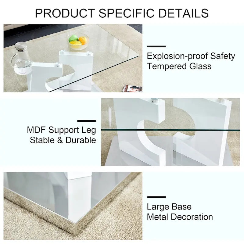 47.2 moderner rechteckiger Couchtisch mit Tischplatte aus gehärtetem Glas und MDF-Beinen