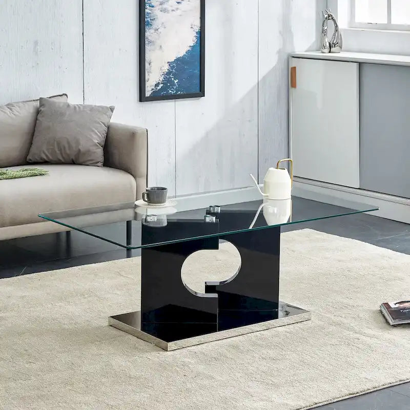 47.2 moderner rechteckiger Couchtisch mit Tischplatte aus gehärtetem Glas und MDF-Beinen